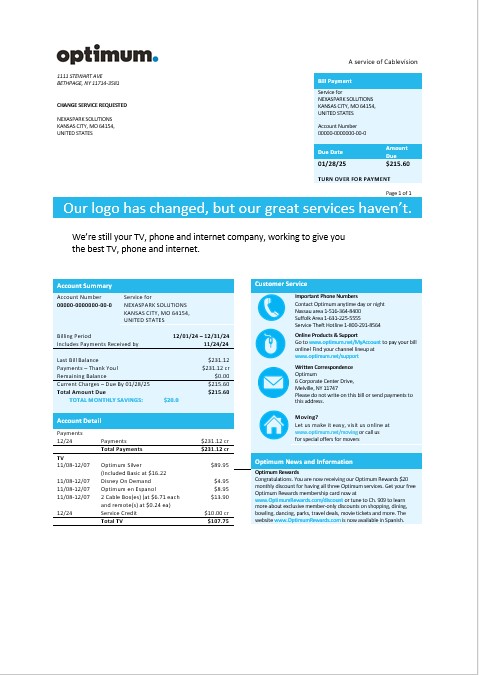 USA New York Optimum cablevision business utility bill template in Word and PDF formats